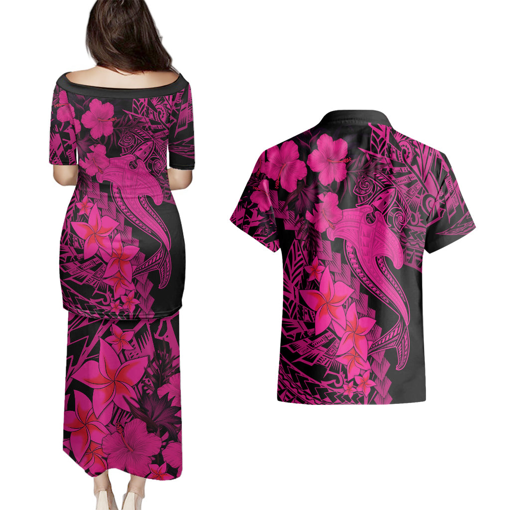 Aloha Hawaii Couples Matching Puletasi Dress and Hawaiian Shirt Hammerhead Shark Tattoo Polynesian Summer - Pink LT9 - Wonder Print Shop