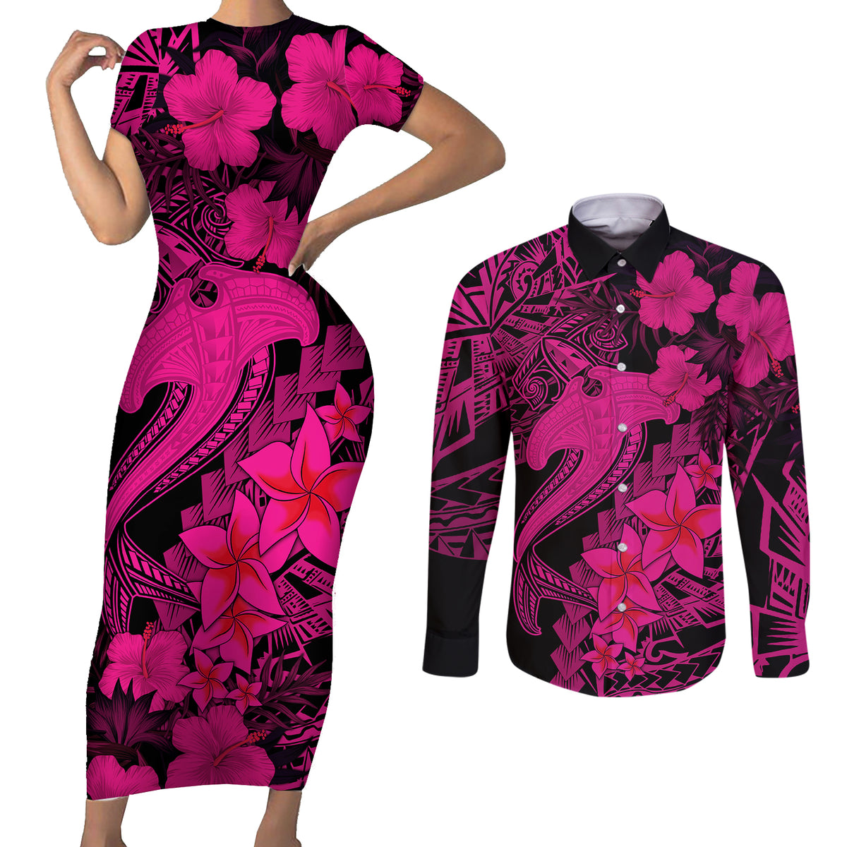 Aloha Hawaii Couples Matching Short Sleeve Bodycon Dress and Long Sleeve Button Shirts Hammerhead Shark Tattoo Polynesian Summer - Pink LT9 - Wonder Print Shop