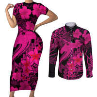 Aloha Hawaii Couples Matching Short Sleeve Bodycon Dress and Long Sleeve Button Shirts Hammerhead Shark Tattoo Polynesian Summer - Pink LT9 - Wonder Print Shop