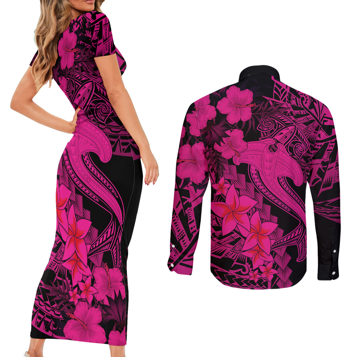 Aloha Hawaii Couples Matching Short Sleeve Bodycon Dress and Long Sleeve Button Shirts Hammerhead Shark Tattoo Polynesian Summer - Pink LT9 - Wonder Print Shop