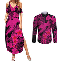 Aloha Hawaii Couples Matching Summer Maxi Dress and Long Sleeve Button Shirts Hammerhead Shark Tattoo Polynesian Summer - Pink LT9 - Wonder Print Shop