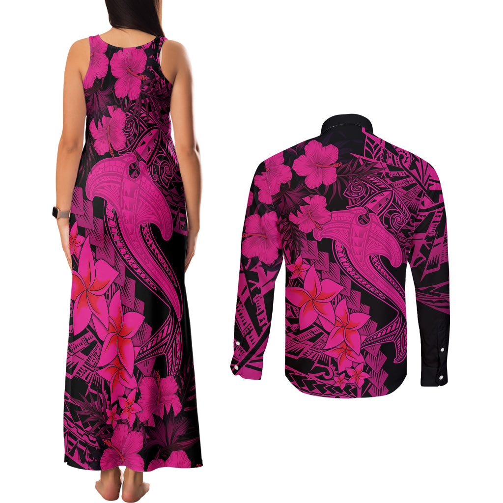 Aloha Hawaii Couples Matching Tank Maxi Dress and Long Sleeve Button Shirts Hammerhead Shark Tattoo Polynesian Summer - Pink LT9 - Wonder Print Shop
