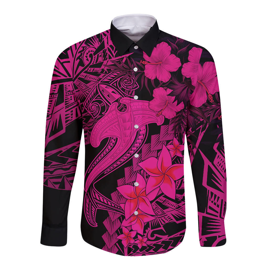 Aloha Hawaii Long Sleeve Button Shirt Hammerhead Shark Tattoo Polynesian Summer - Pink - Wonder Print Shop