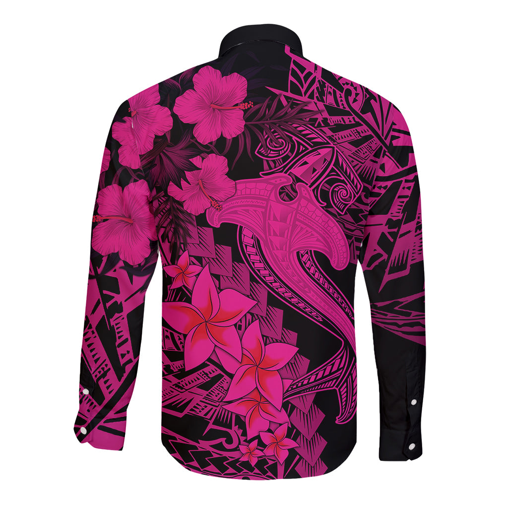 Aloha Hawaii Long Sleeve Button Shirt Hammerhead Shark Tattoo Polynesian Summer - Pink - Wonder Print Shop