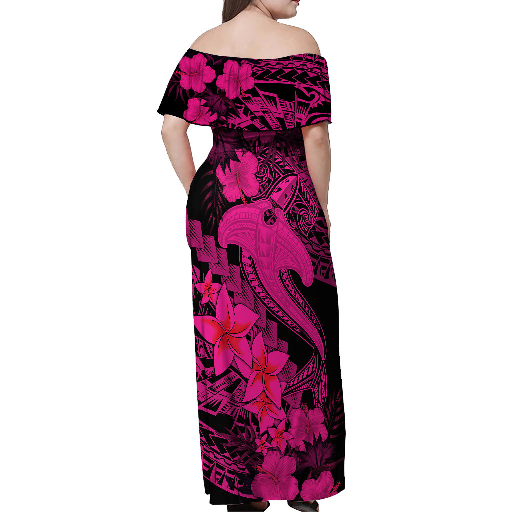 Aloha Hawaii Off Shoulder Maxi Dress Hammerhead Shark Tattoo Polynesian Summer - Pink - Wonder Print Shop