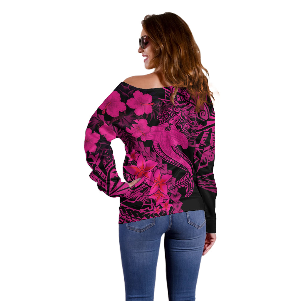 Aloha Hawaii Off Shoulder Sweater Hammerhead Shark Tattoo Polynesian Summer - Pink - Wonder Print Shop