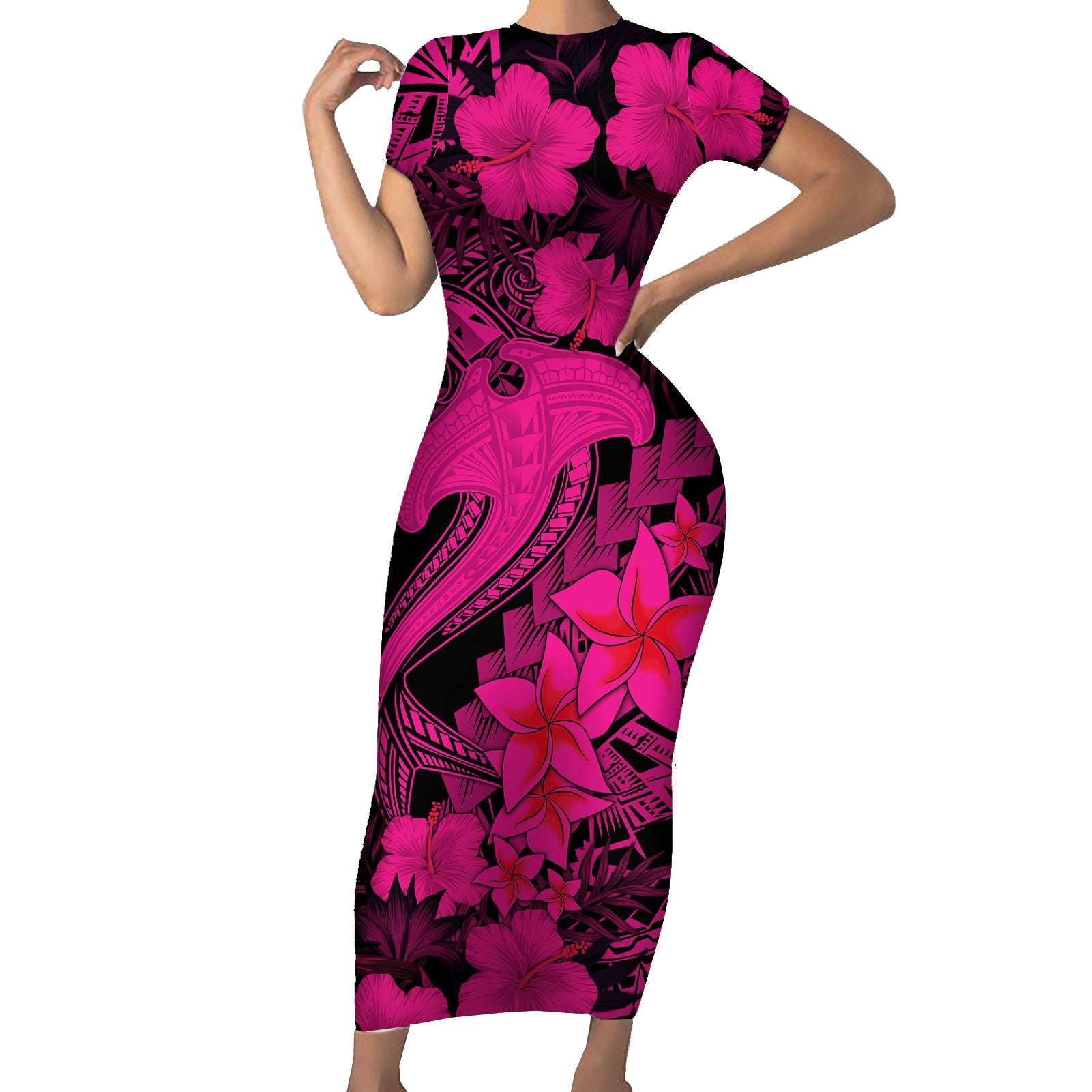 Aloha Hawaii Short Sleeve Bodycon Dress Hammerhead Shark Tattoo Polynesian Summer - Pink - Wonder Print Shop