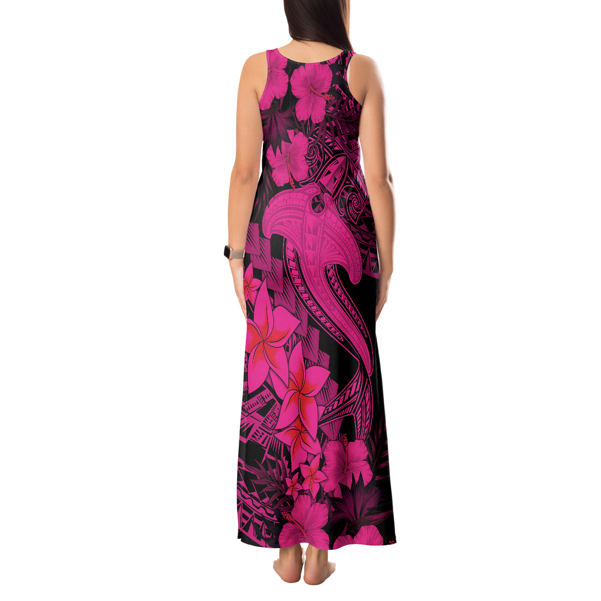 Aloha Hawaii Tank Maxi Dress Hammerhead Shark Tattoo Polynesian Summer - Pink - Wonder Print Shop
