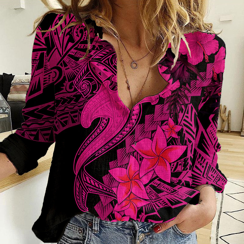 Aloha Hawaii Women Casual Shirt Hammerhead Shark Tattoo Polynesian Summer - Pink - Wonder Print Shop