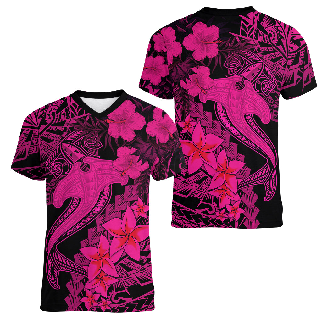 Aloha Hawaii Women V Neck T Shirt Hammerhead Shark Tattoo Polynesian Summer - Pink - Wonder Print Shop
