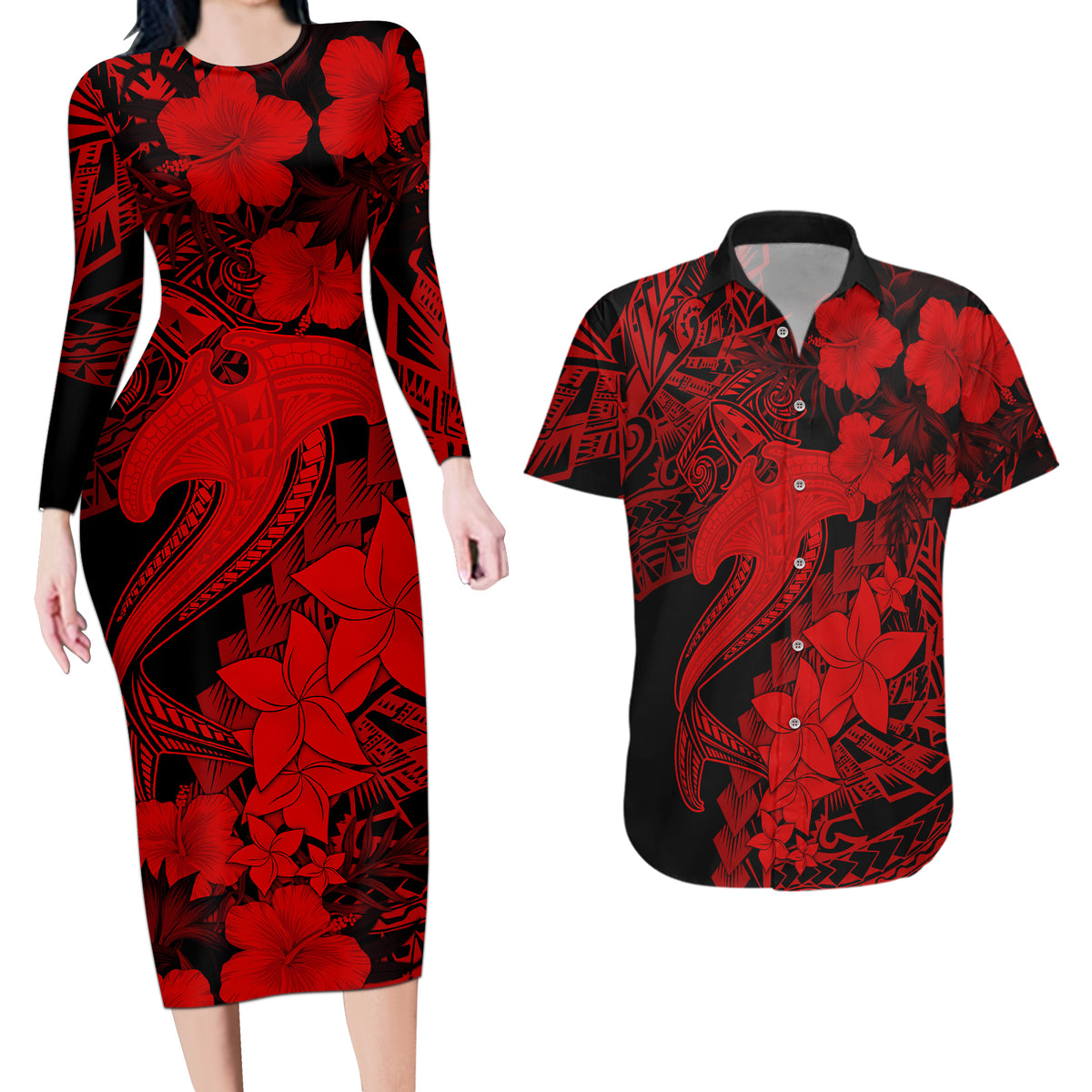 Aloha Hawaii Couples Matching Long Sleeve Bodycon Dress and Hawaiian Shirt Hammerhead Shark Tattoo Polynesian Summer - Red LT9 - Wonder Print Shop
