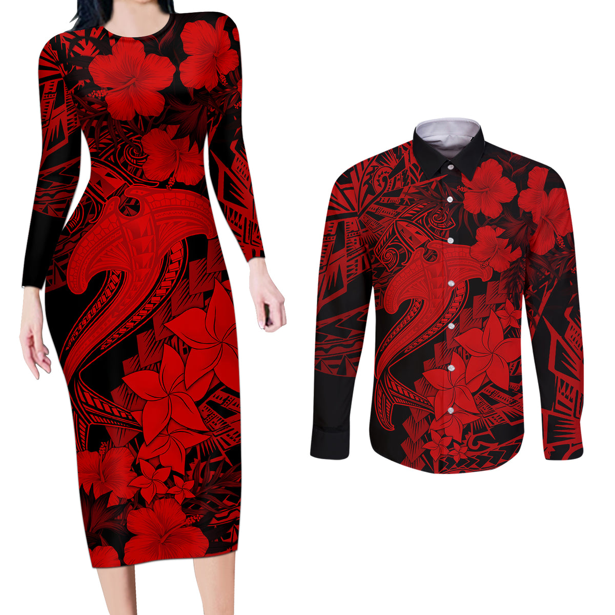 Aloha Hawaii Couples Matching Long Sleeve Bodycon Dress and Long Sleeve Button Shirts Hammerhead Shark Tattoo Polynesian Summer - Red LT9 - Wonder Print Shop