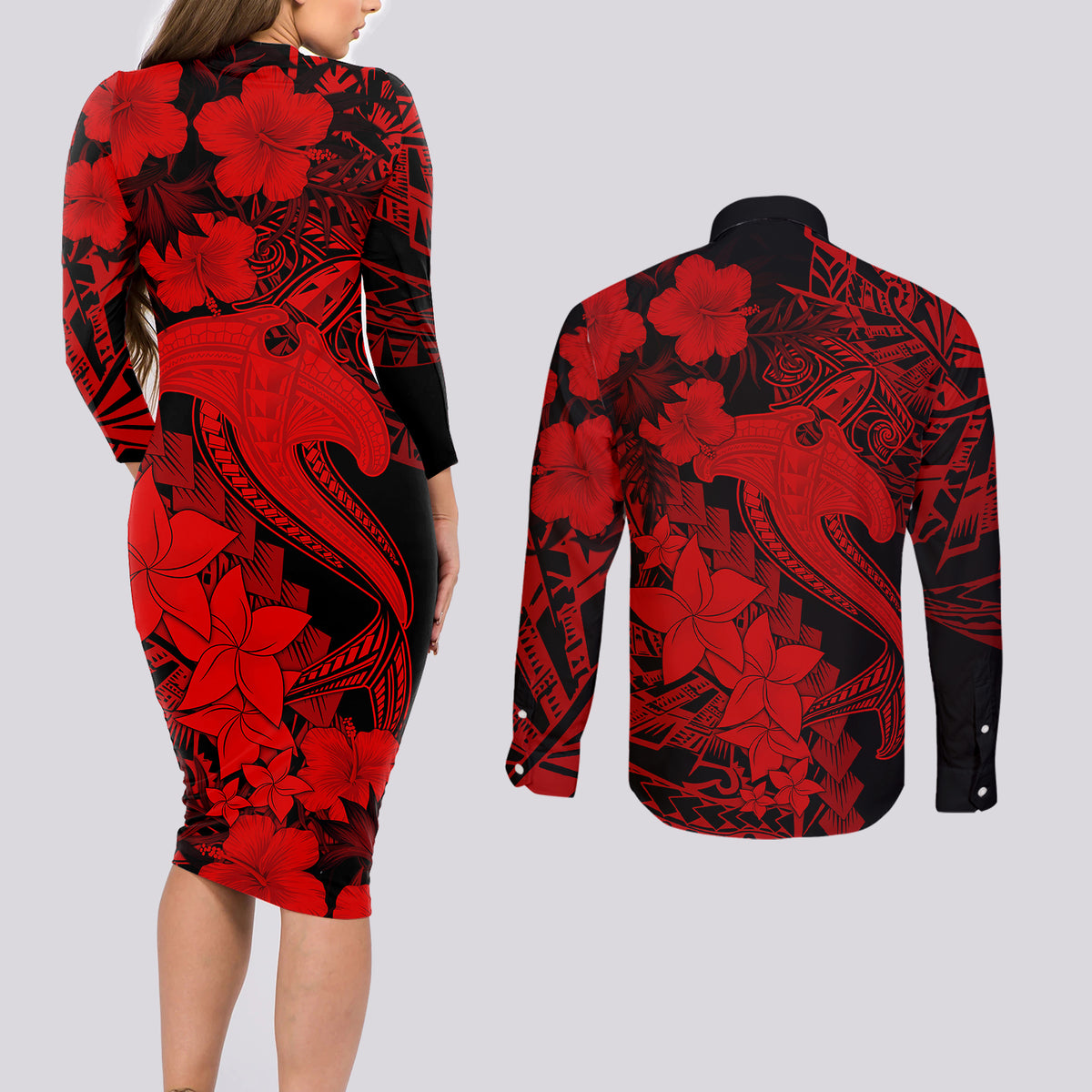 Aloha Hawaii Couples Matching Long Sleeve Bodycon Dress and Long Sleeve Button Shirts Hammerhead Shark Tattoo Polynesian Summer - Red LT9 - Wonder Print Shop
