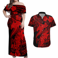 Aloha Hawaii Couples Matching Off Shoulder Maxi Dress and Hawaiian Shirt Hammerhead Shark Tattoo Polynesian Summer - Red LT9 - Wonder Print Shop