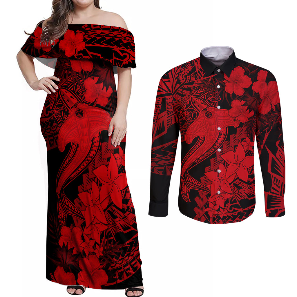 Aloha Hawaii Couples Matching Off Shoulder Maxi Dress and Long Sleeve Button Shirts Hammerhead Shark Tattoo Polynesian Summer - Red LT9 - Wonder Print Shop