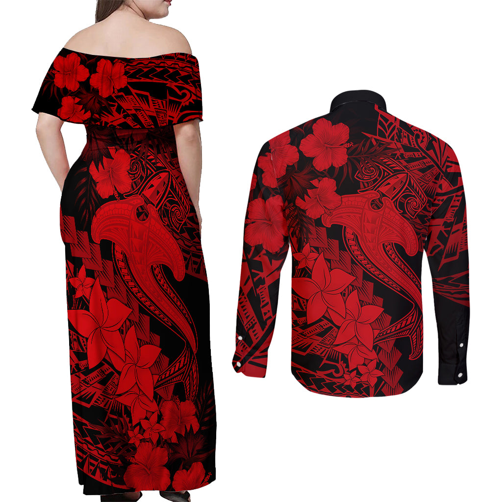 Aloha Hawaii Couples Matching Off Shoulder Maxi Dress and Long Sleeve Button Shirts Hammerhead Shark Tattoo Polynesian Summer - Red LT9 - Wonder Print Shop