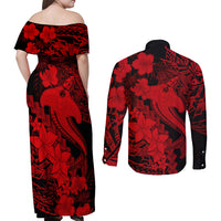 Aloha Hawaii Couples Matching Off Shoulder Maxi Dress and Long Sleeve Button Shirts Hammerhead Shark Tattoo Polynesian Summer - Red LT9 - Wonder Print Shop