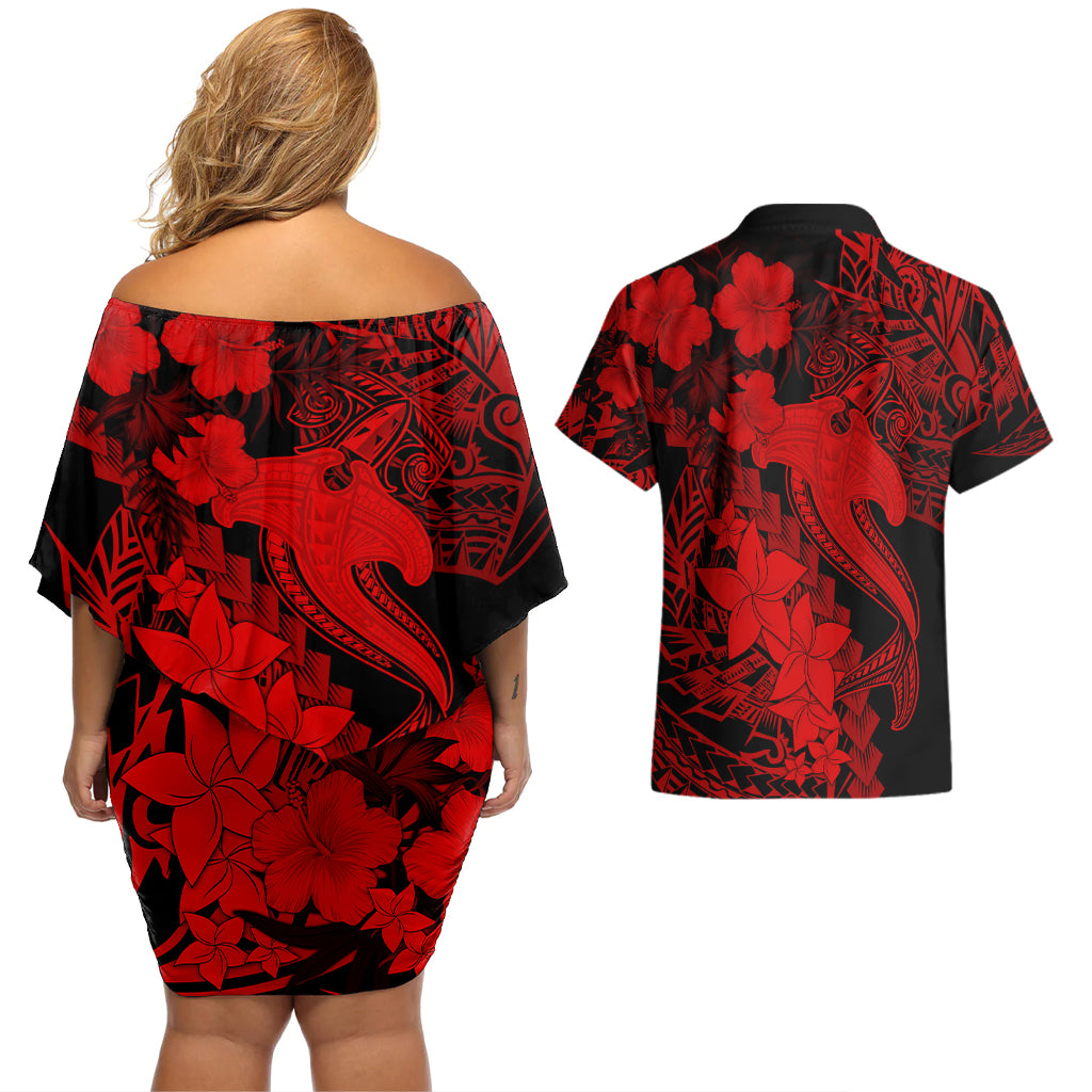 Aloha Hawaii Couples Matching Off Shoulder Short Dress and Hawaiian Shirt Hammerhead Shark Tattoo Polynesian Summer - Red LT9 - Wonder Print Shop
