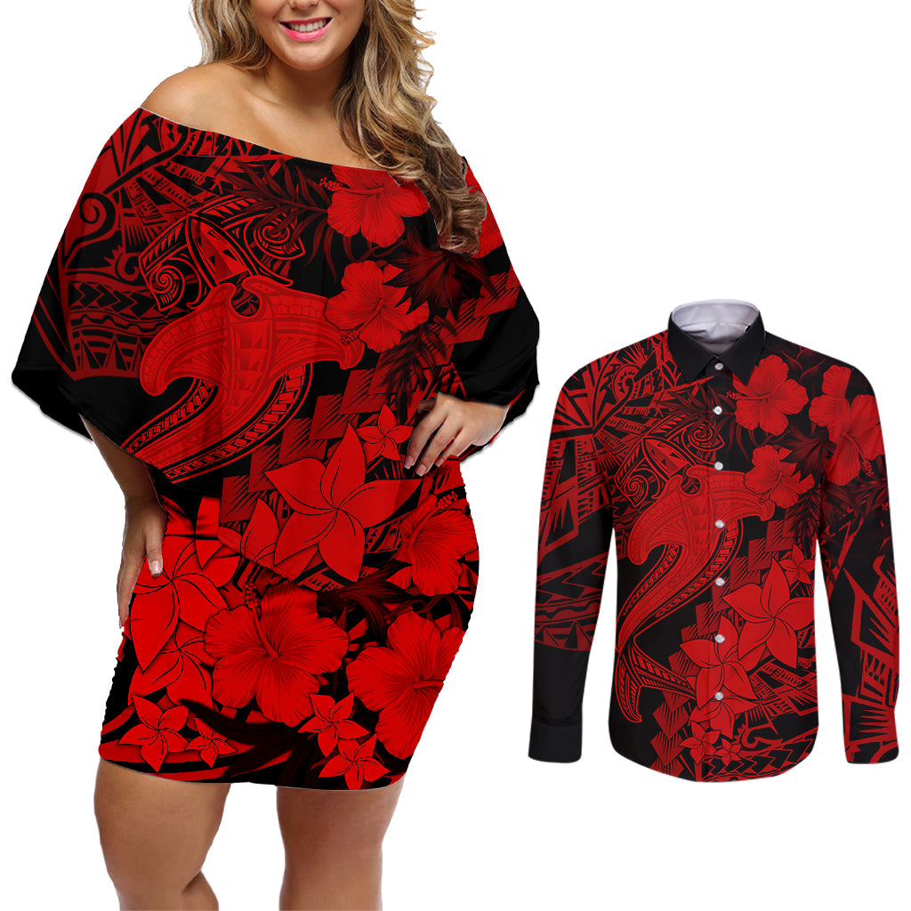 Aloha Hawaii Couples Matching Off Shoulder Short Dress and Long Sleeve Button Shirts Hammerhead Shark Tattoo Polynesian Summer - Red LT9 - Wonder Print Shop