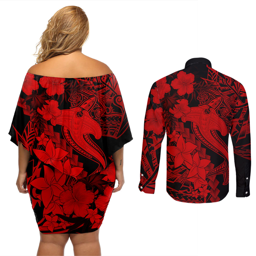 Aloha Hawaii Couples Matching Off Shoulder Short Dress and Long Sleeve Button Shirts Hammerhead Shark Tattoo Polynesian Summer - Red LT9 - Wonder Print Shop