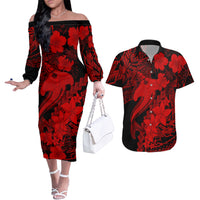 Aloha Hawaii Couples Matching Off The Shoulder Long Sleeve Dress and Hawaiian Shirt Hammerhead Shark Tattoo Polynesian Summer - Red LT9 - Wonder Print Shop