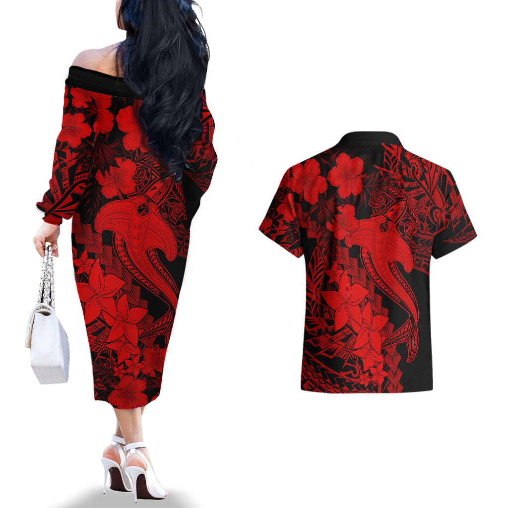Aloha Hawaii Couples Matching Off The Shoulder Long Sleeve Dress and Hawaiian Shirt Hammerhead Shark Tattoo Polynesian Summer - Red LT9 - Wonder Print Shop
