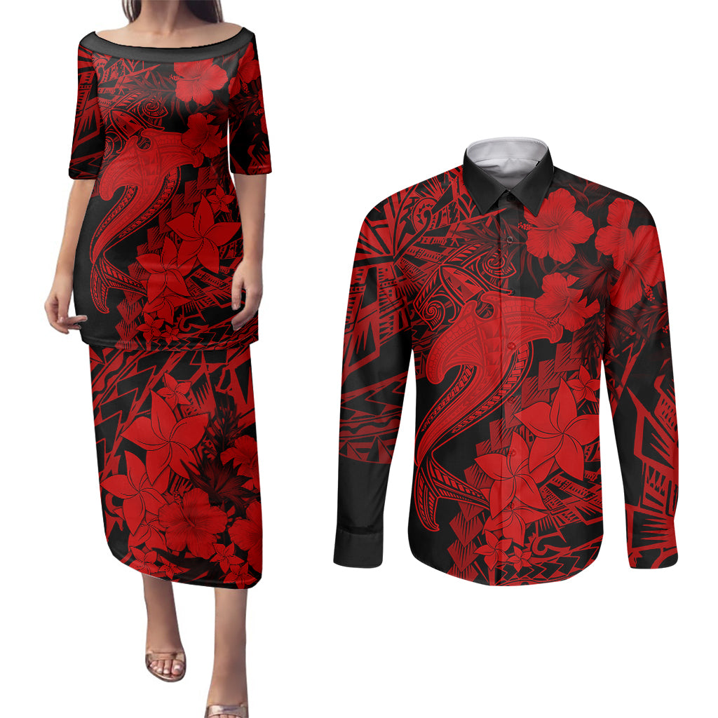 Aloha Hawaii Couples Matching Puletasi Dress and Long Sleeve Button Shirts Hammerhead Shark Tattoo Polynesian Summer - Red LT9 - Wonder Print Shop