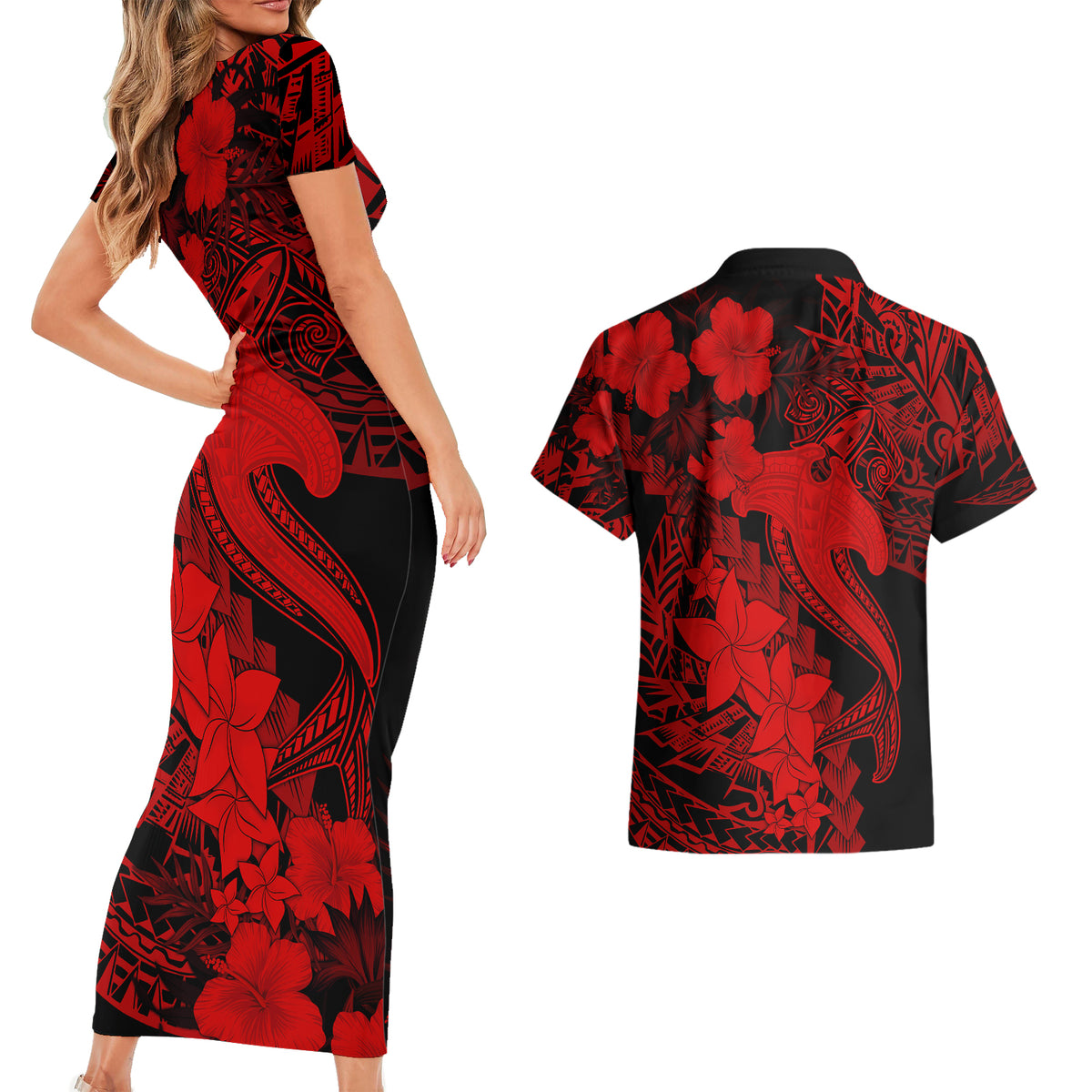 Aloha Hawaii Couples Matching Short Sleeve Bodycon Dress and Hawaiian Shirt Hammerhead Shark Tattoo Polynesian Summer - Red LT9 - Wonder Print Shop