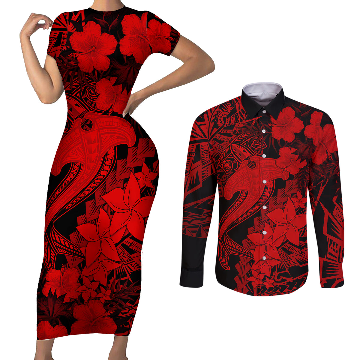 Aloha Hawaii Couples Matching Short Sleeve Bodycon Dress and Long Sleeve Button Shirts Hammerhead Shark Tattoo Polynesian Summer - Red LT9 - Wonder Print Shop