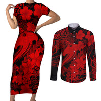 Aloha Hawaii Couples Matching Short Sleeve Bodycon Dress and Long Sleeve Button Shirts Hammerhead Shark Tattoo Polynesian Summer - Red LT9 - Wonder Print Shop
