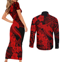 Aloha Hawaii Couples Matching Short Sleeve Bodycon Dress and Long Sleeve Button Shirts Hammerhead Shark Tattoo Polynesian Summer - Red LT9 - Wonder Print Shop