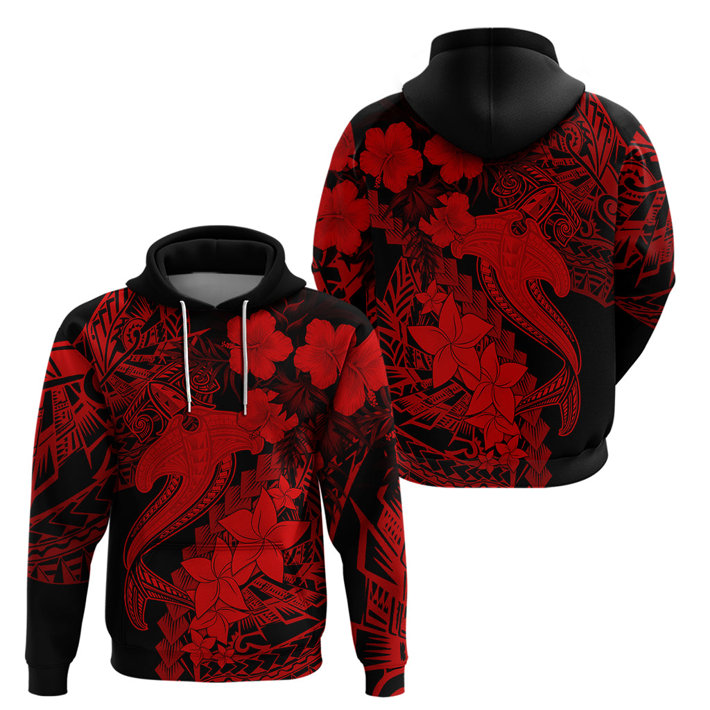 Aloha Hawaii Hoodie Hammerhead Shark Tattoo Polynesian Summer - Red - Wonder Print Shop