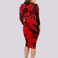Aloha Hawaii Long Sleeve Bodycon Dress Hammerhead Shark Tattoo Polynesian Summer - Red - Wonder Print Shop