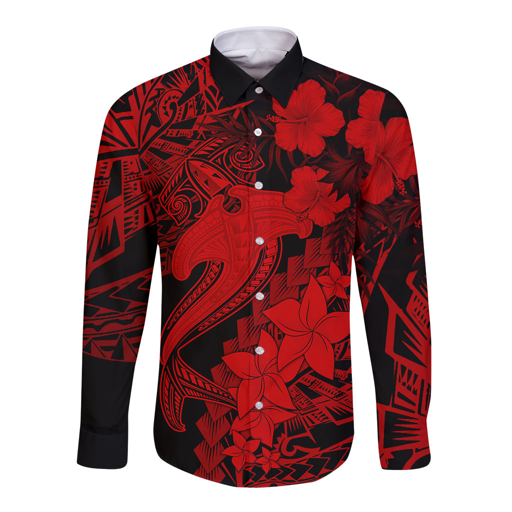 Aloha Hawaii Long Sleeve Button Shirt Hammerhead Shark Tattoo Polynesian Summer - Red - Wonder Print Shop