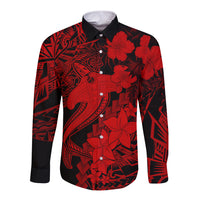 Aloha Hawaii Long Sleeve Button Shirt Hammerhead Shark Tattoo Polynesian Summer - Red - Wonder Print Shop