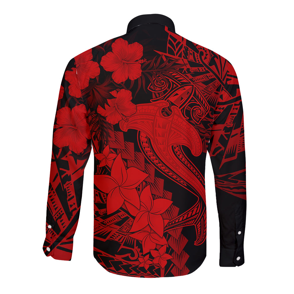Aloha Hawaii Long Sleeve Button Shirt Hammerhead Shark Tattoo Polynesian Summer - Red - Wonder Print Shop
