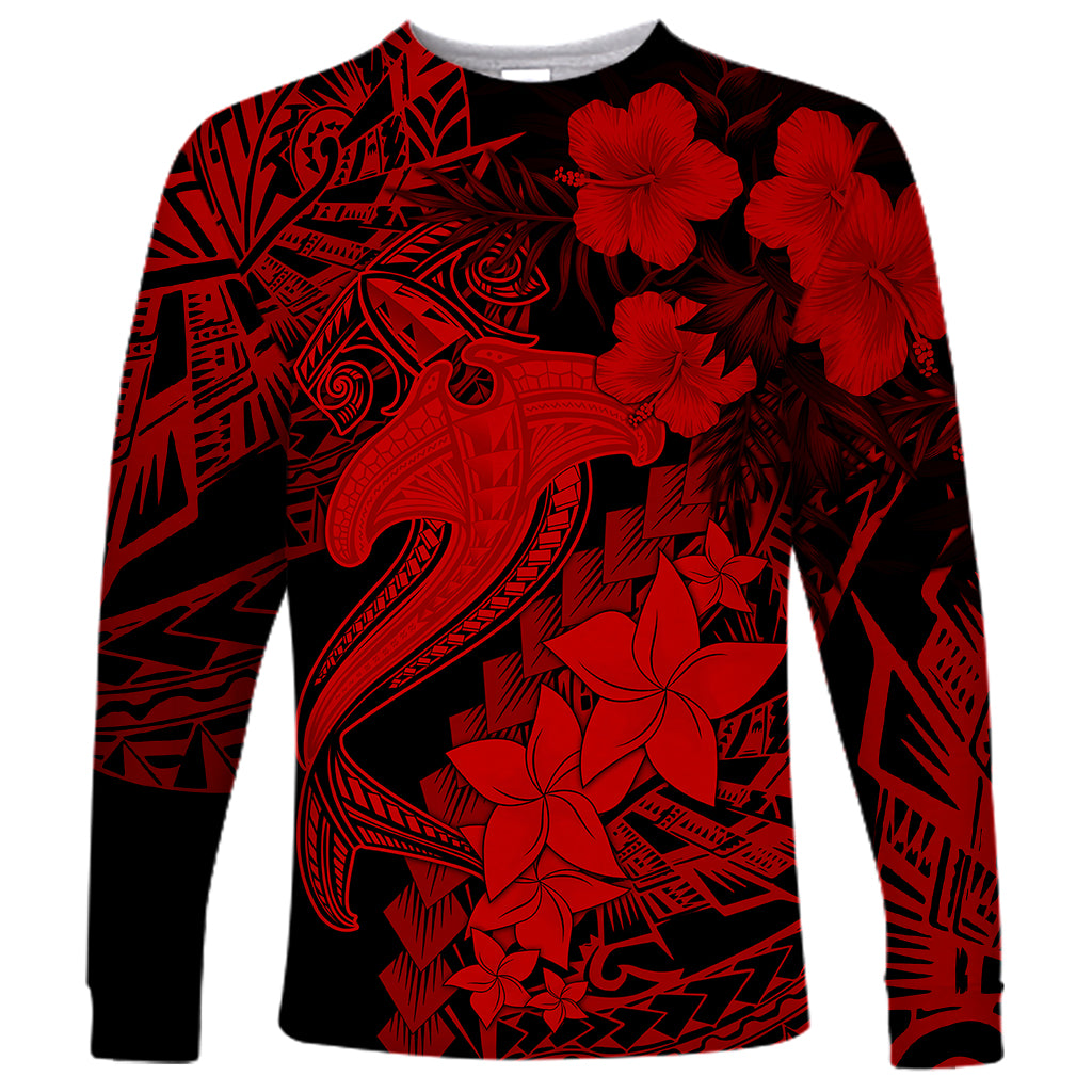 Aloha Hawaii Long Sleeve Shirt Hammerhead Shark Tattoo Polynesian Summer - Red - Wonder Print Shop