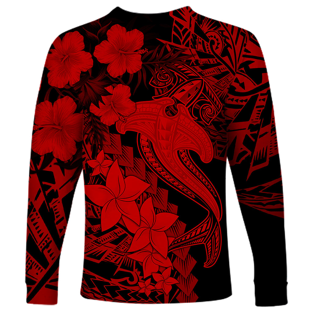 Aloha Hawaii Long Sleeve Shirt Hammerhead Shark Tattoo Polynesian Summer - Red - Wonder Print Shop