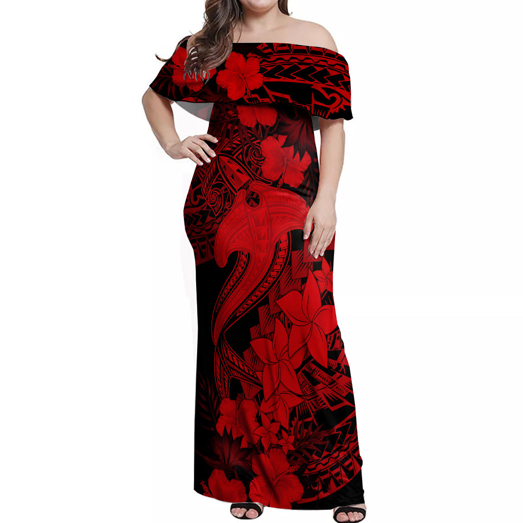 Aloha Hawaii Off Shoulder Maxi Dress Hammerhead Shark Tattoo Polynesian Summer - Red - Wonder Print Shop