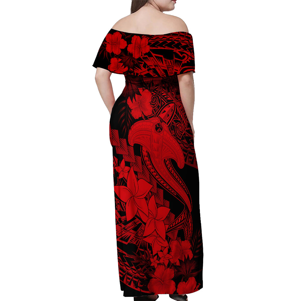 Aloha Hawaii Off Shoulder Maxi Dress Hammerhead Shark Tattoo Polynesian Summer - Red - Wonder Print Shop
