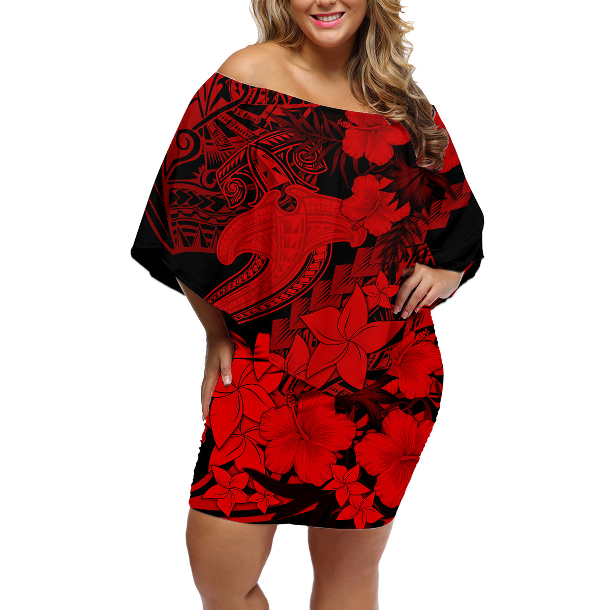 Aloha Hawaii Off Shoulder Short Dress Hammerhead Shark Tattoo Polynesian Summer - Red - Wonder Print Shop