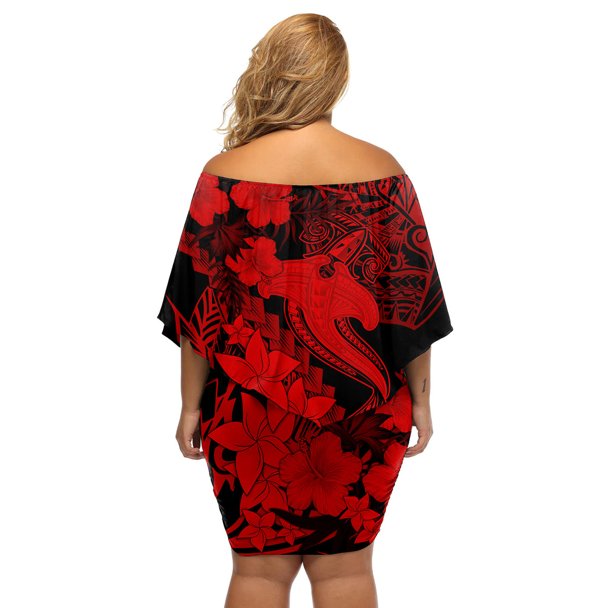 Aloha Hawaii Off Shoulder Short Dress Hammerhead Shark Tattoo Polynesian Summer - Red - Wonder Print Shop