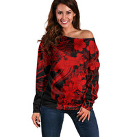 Aloha Hawaii Off Shoulder Sweater Hammerhead Shark Tattoo Polynesian Summer - Red - Wonder Print Shop