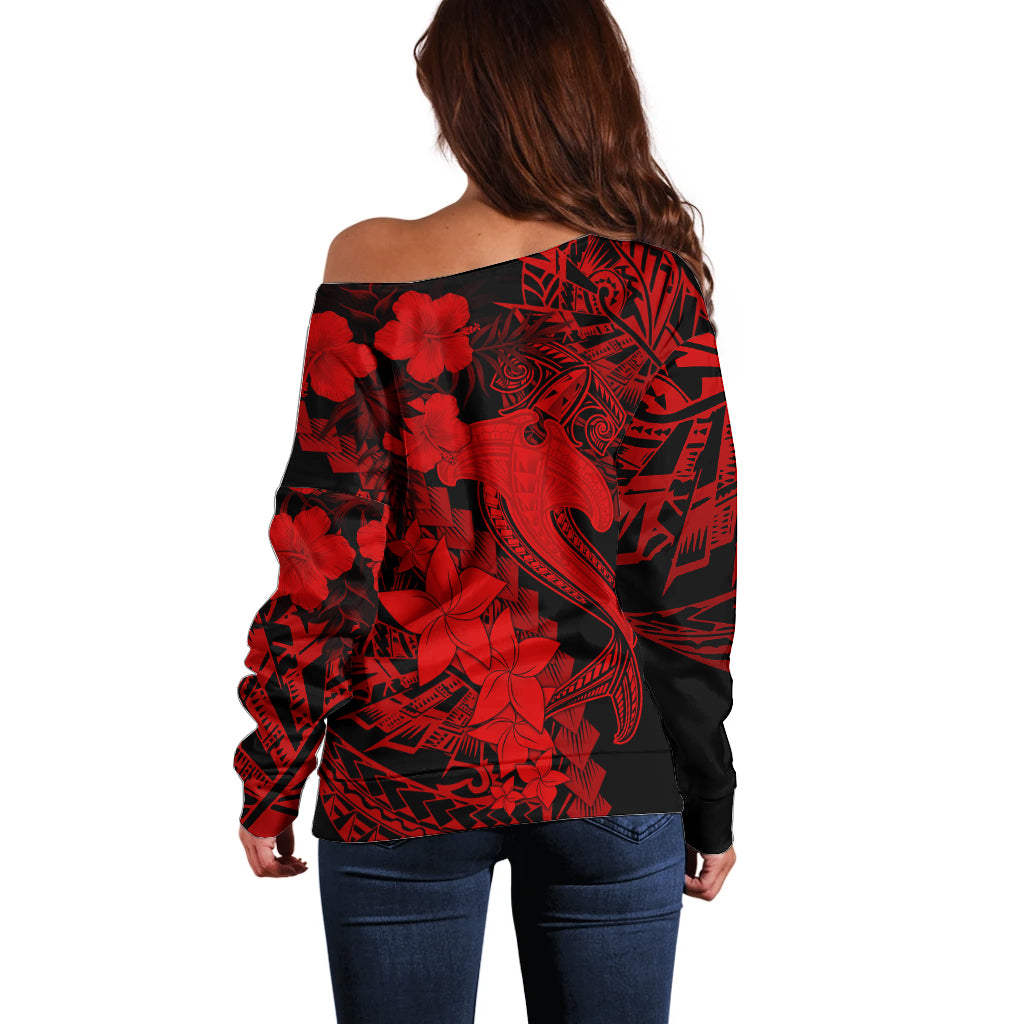 Aloha Hawaii Off Shoulder Sweater Hammerhead Shark Tattoo Polynesian Summer - Red - Wonder Print Shop
