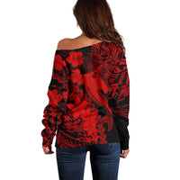 Aloha Hawaii Off Shoulder Sweater Hammerhead Shark Tattoo Polynesian Summer - Red - Wonder Print Shop