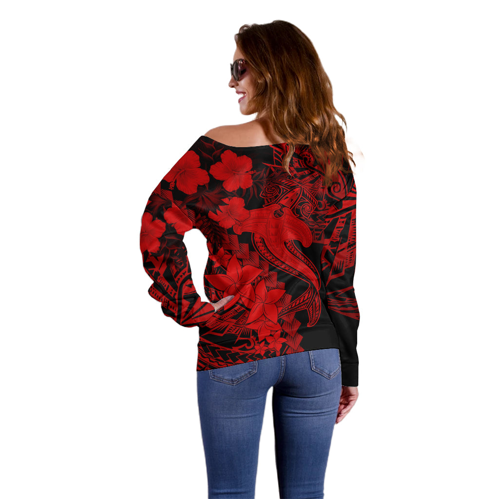Aloha Hawaii Off Shoulder Sweater Hammerhead Shark Tattoo Polynesian Summer - Red - Wonder Print Shop