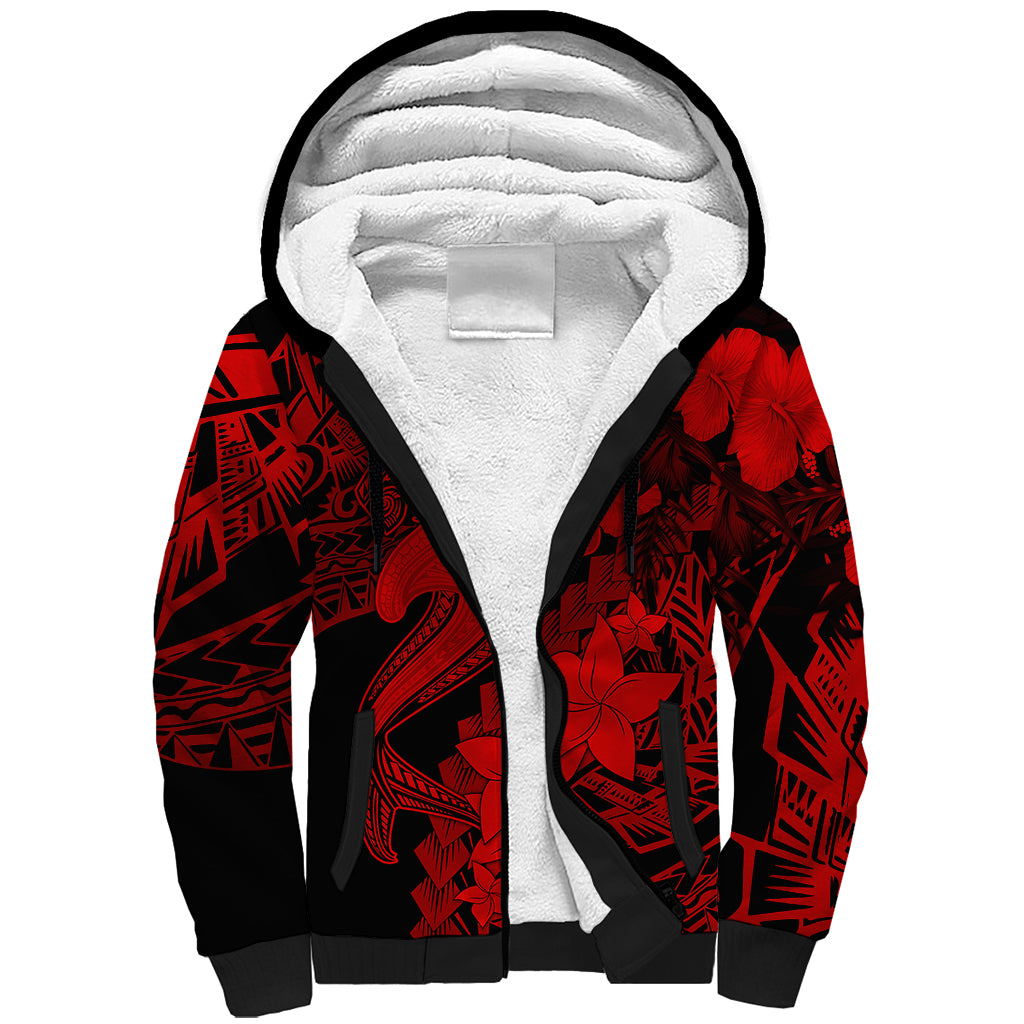 Aloha Hawaii Sherpa Hoodie Hammerhead Shark Tattoo Polynesian Summer - Red - Wonder Print Shop
