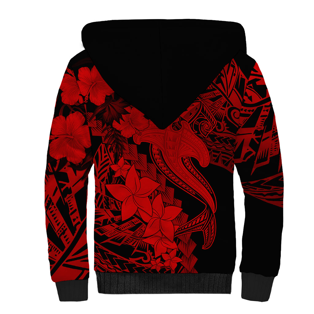 Aloha Hawaii Sherpa Hoodie Hammerhead Shark Tattoo Polynesian Summer - Red - Wonder Print Shop
