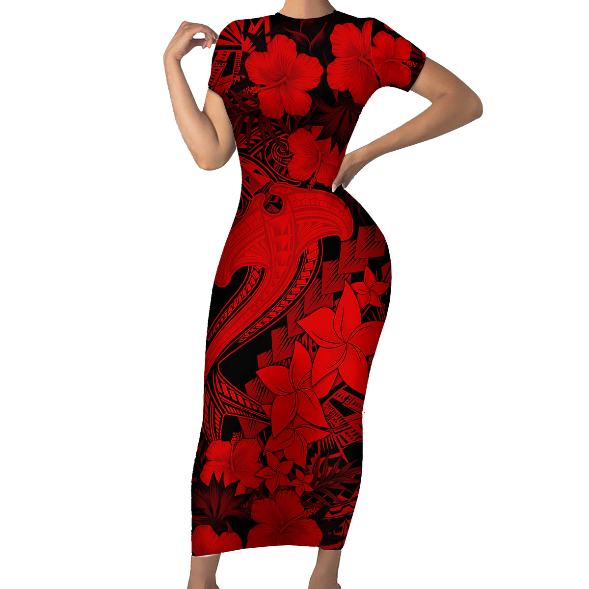 Aloha Hawaii Short Sleeve Bodycon Dress Hammerhead Shark Tattoo Polynesian Summer - Red - Wonder Print Shop