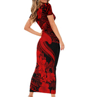 Aloha Hawaii Short Sleeve Bodycon Dress Hammerhead Shark Tattoo Polynesian Summer - Red - Wonder Print Shop